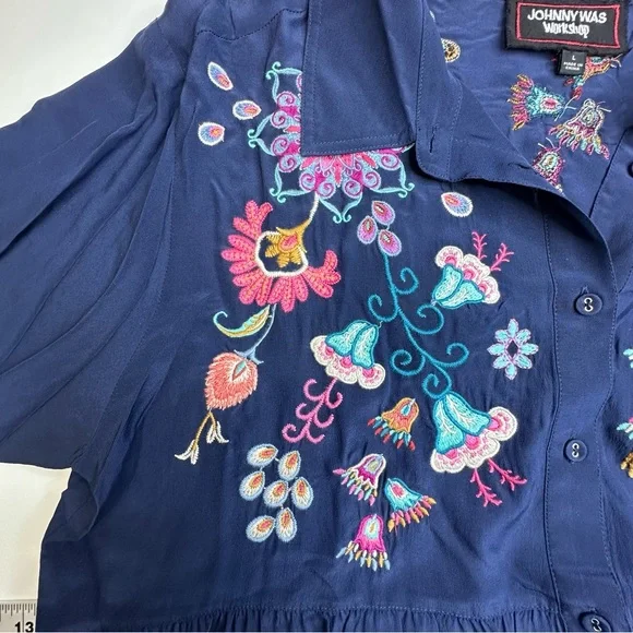 Johnny Was Alesa Tiered Embroidered Silk Navy Blue Tunic. Size L. Like New! - Picture 6 of 14